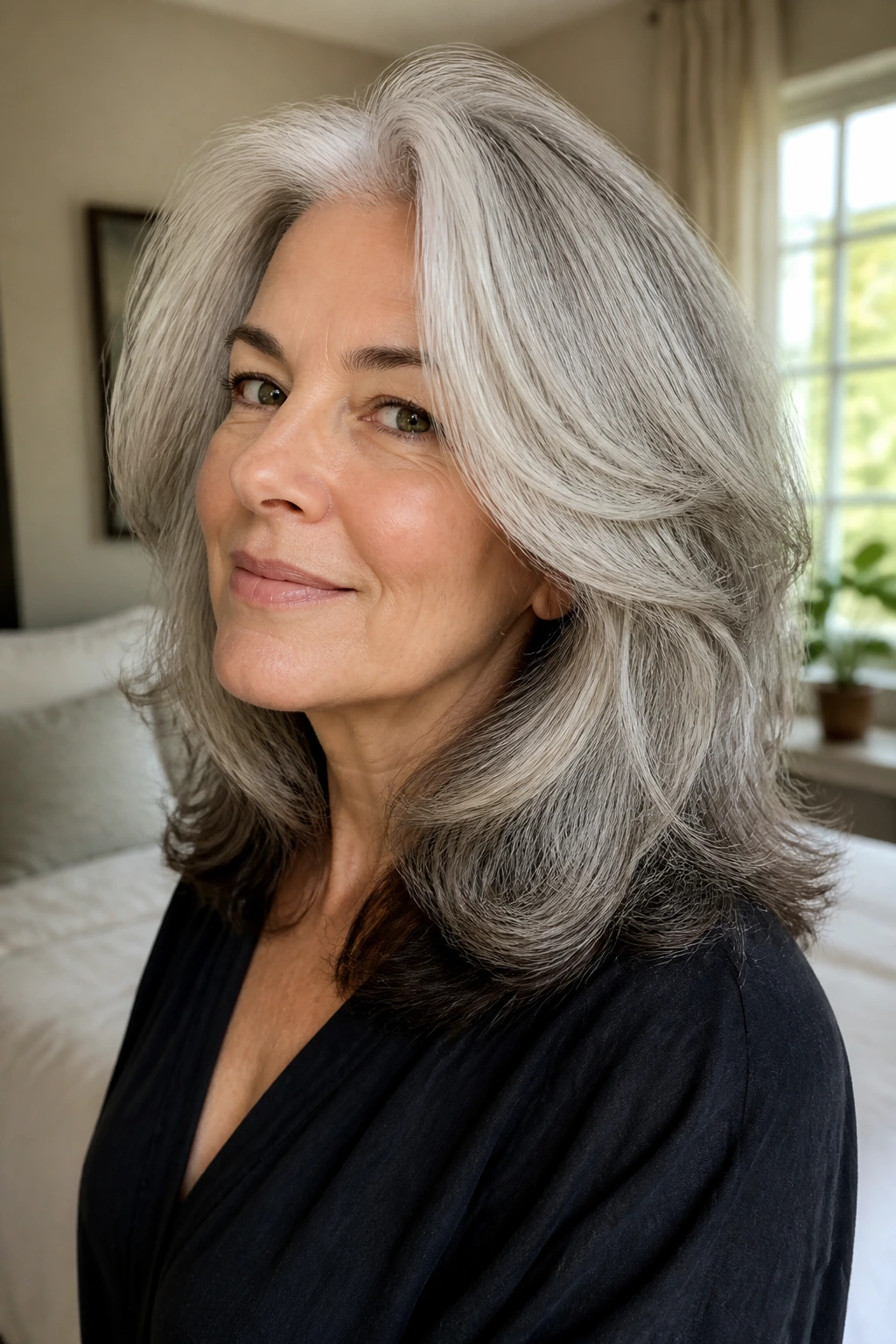 Close-up portrait of a real woman with soft transition gray hair
