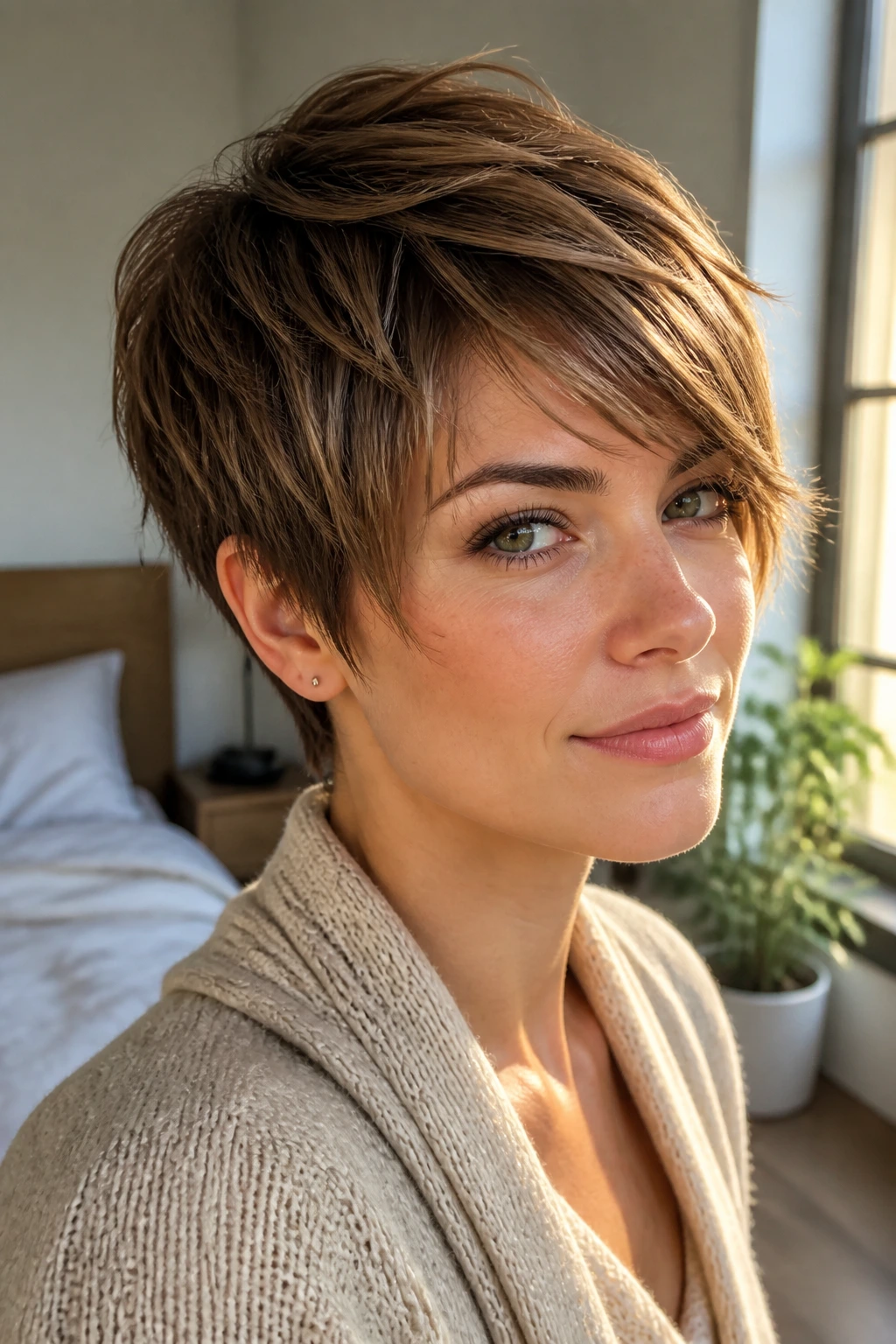 Close-up portrait of a woman with a soft transition pixie showing gentle fringe