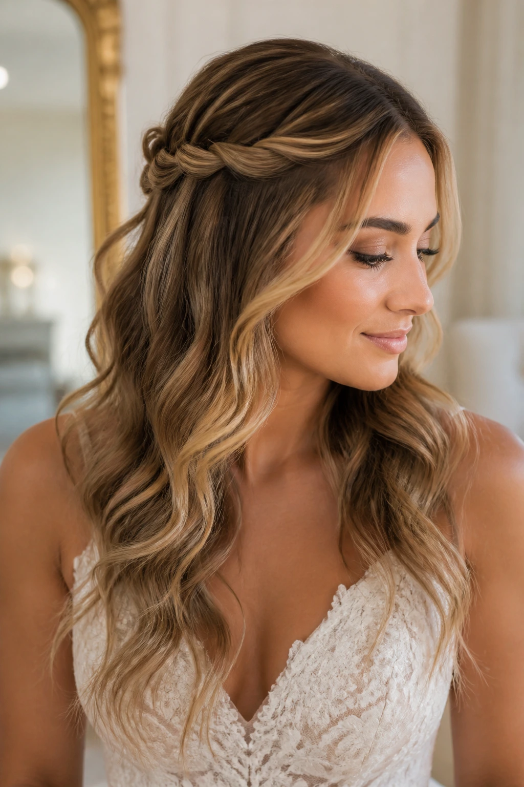 Close-up of a real bride with soft twist and waterfall waves hairstyle