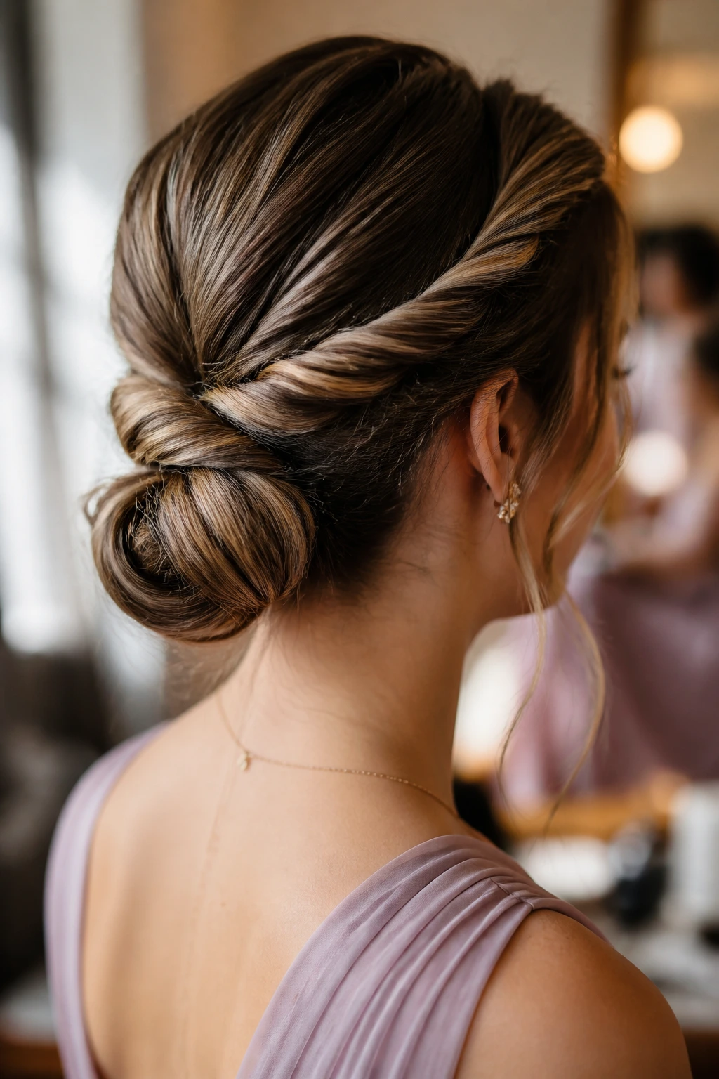 Close-up of a real bridesmaid with a soft twisted knot bun