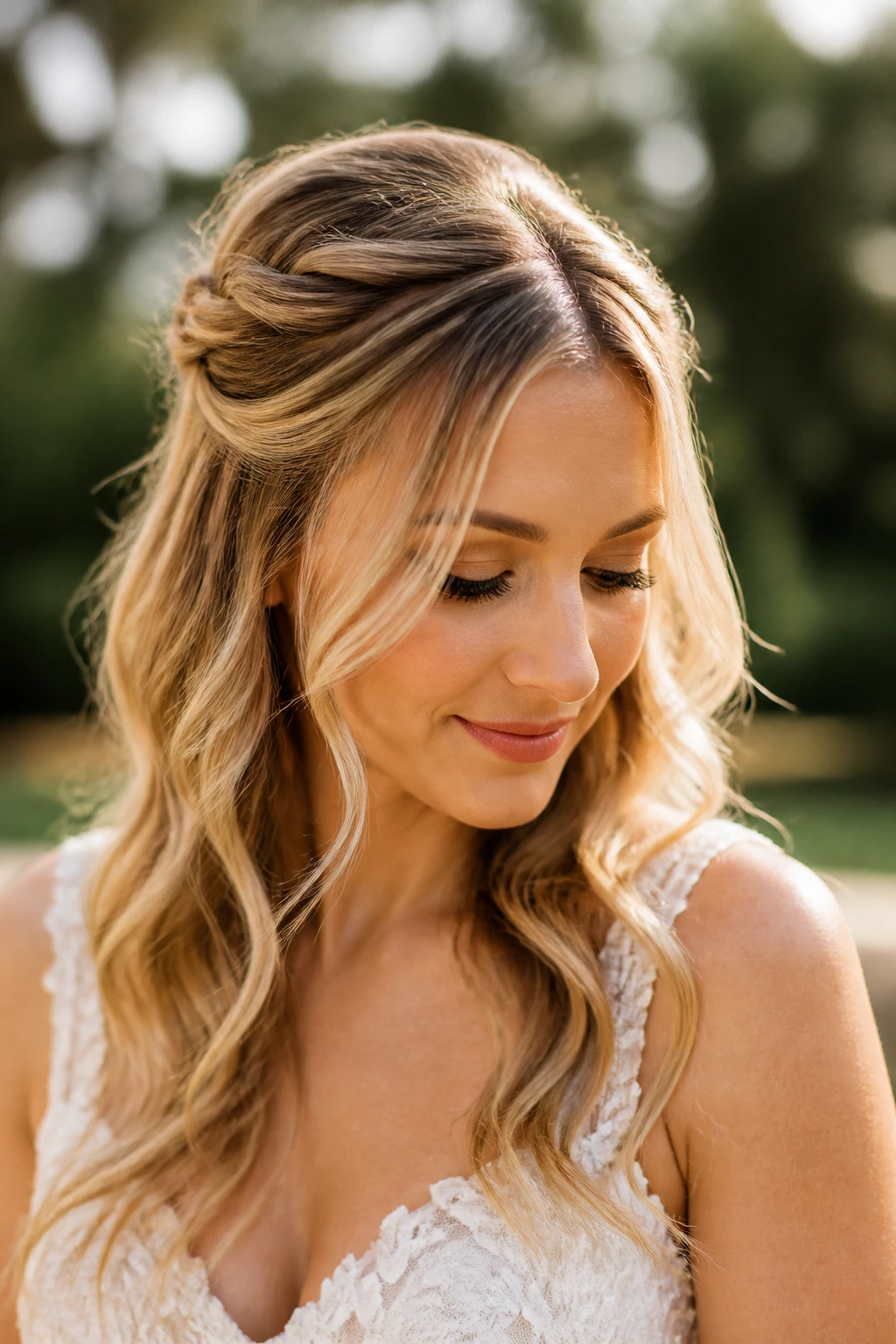 Bride with soft twists and loose waves framing the face