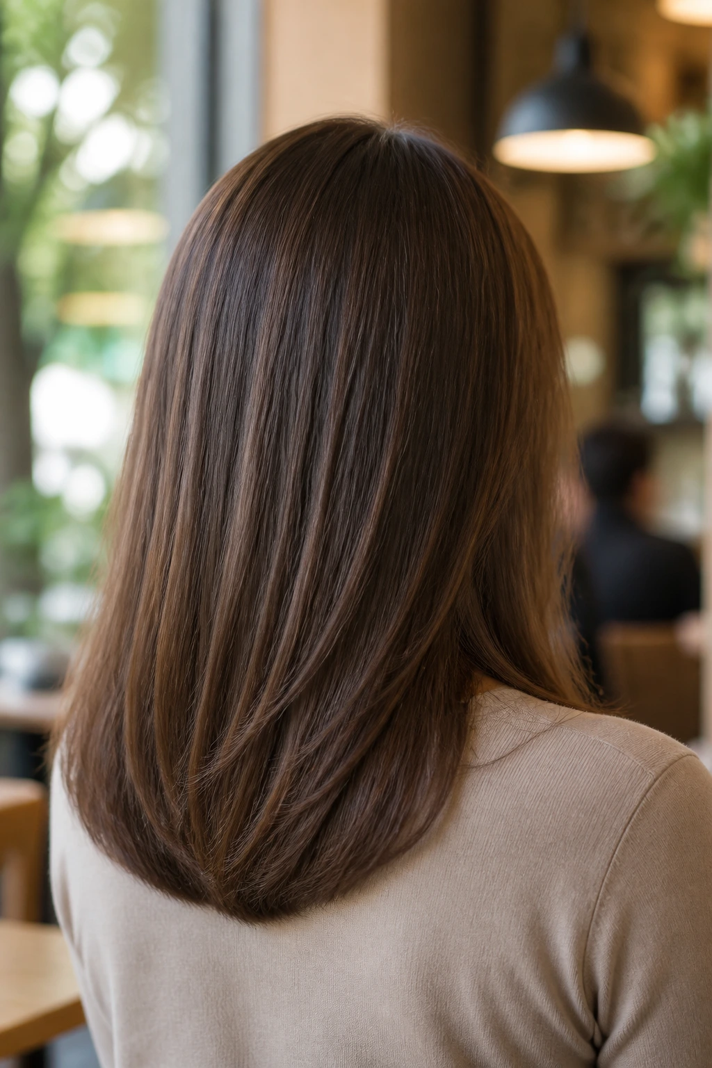 Portrait of woman with soft U-cut showing curved back length