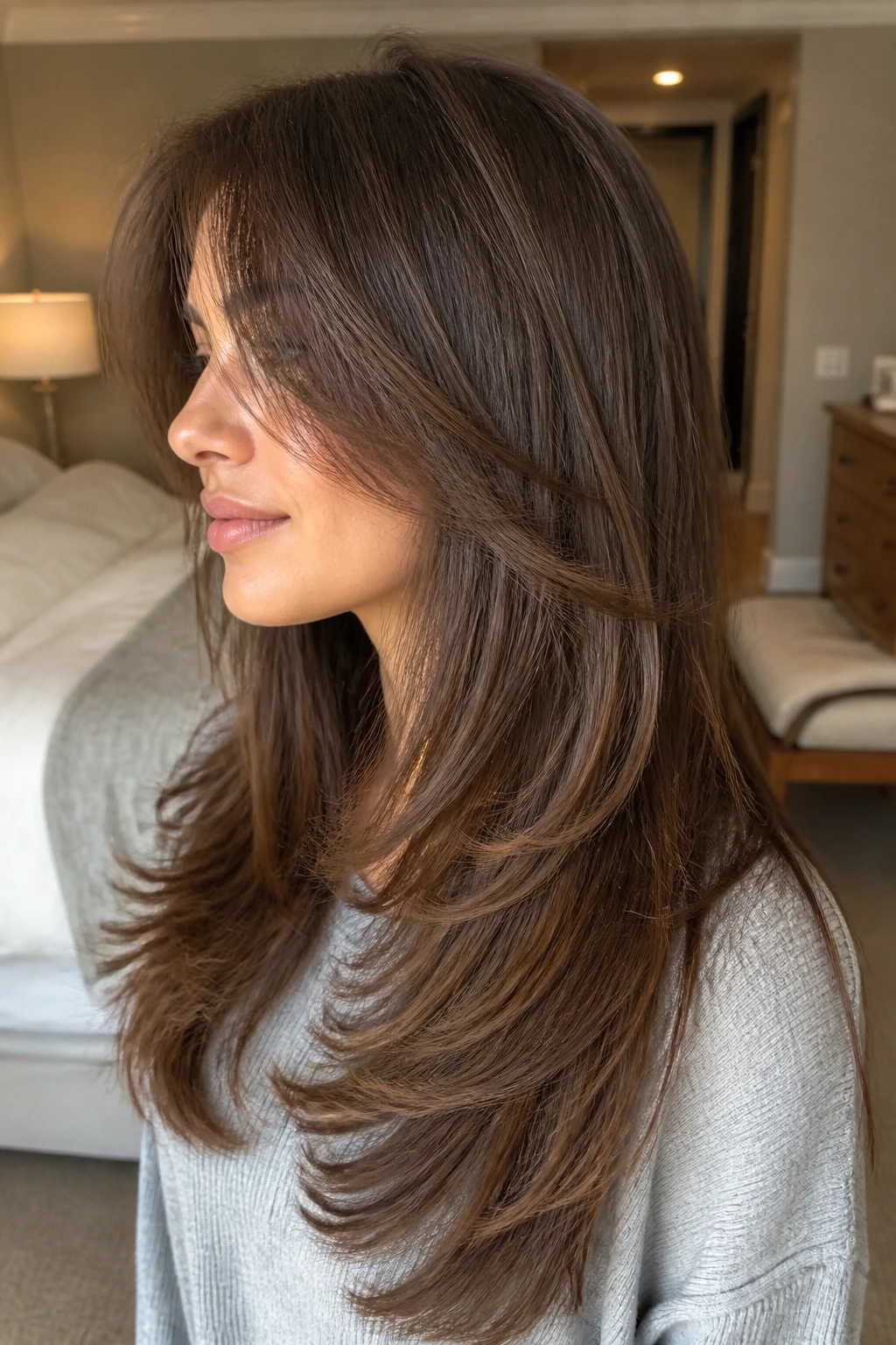 Profile shot showing soft U-cut with interior layers on long hair