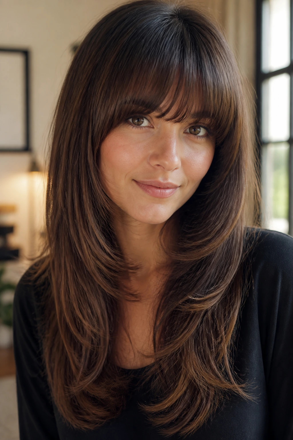 Portrait showing soft U-layers and a rounded full bang