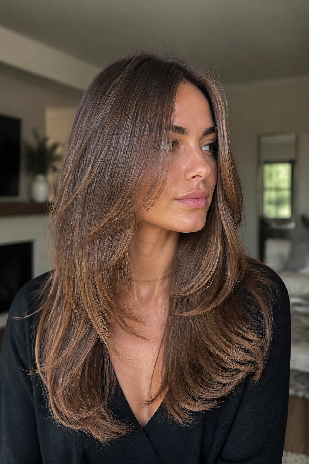 Close-up of soft U-shaped long hair with airy ends on a real person