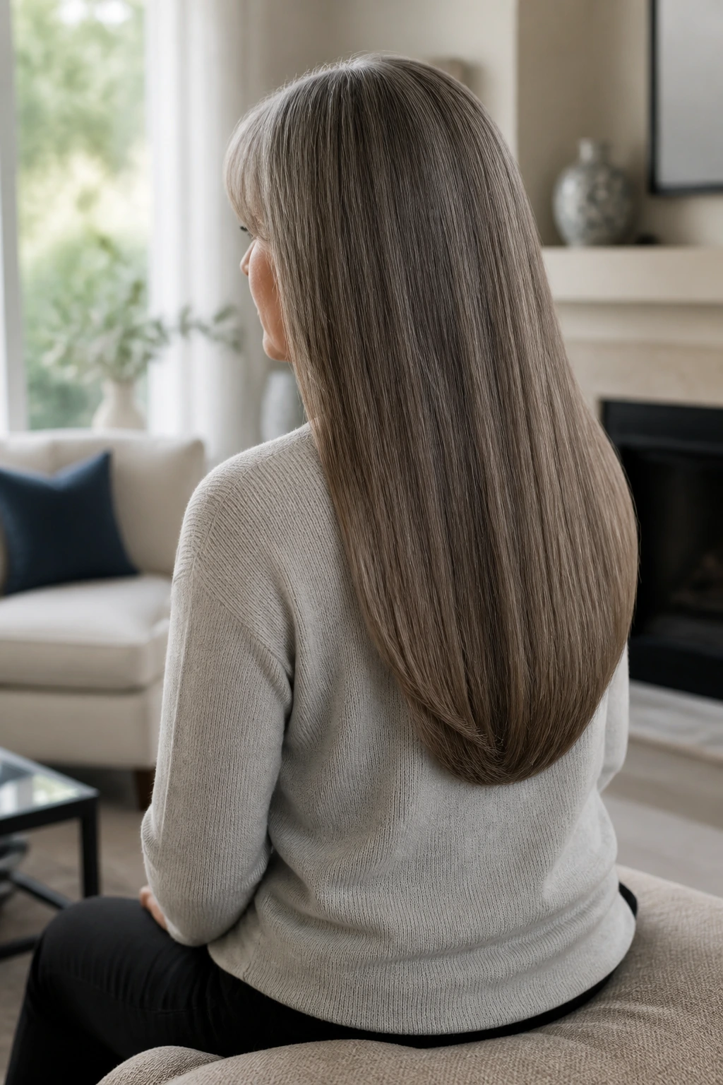 Real woman with a soft U-shaped cut falling smoothly down the back