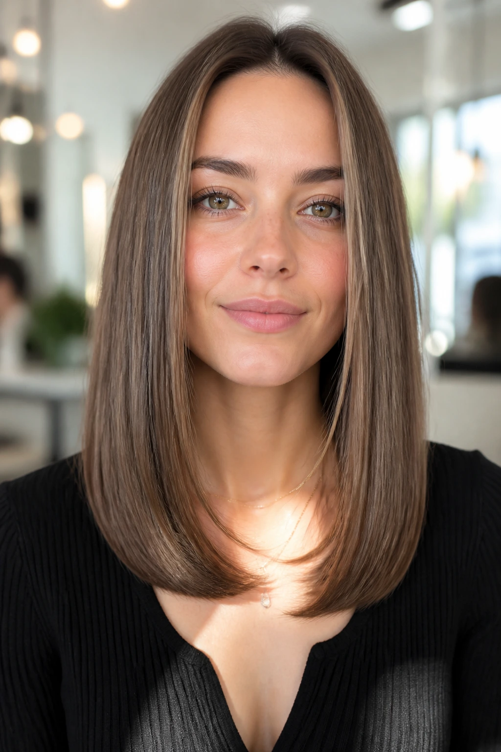 Close-up of a real woman with a soft U-shape cut worn smooth.