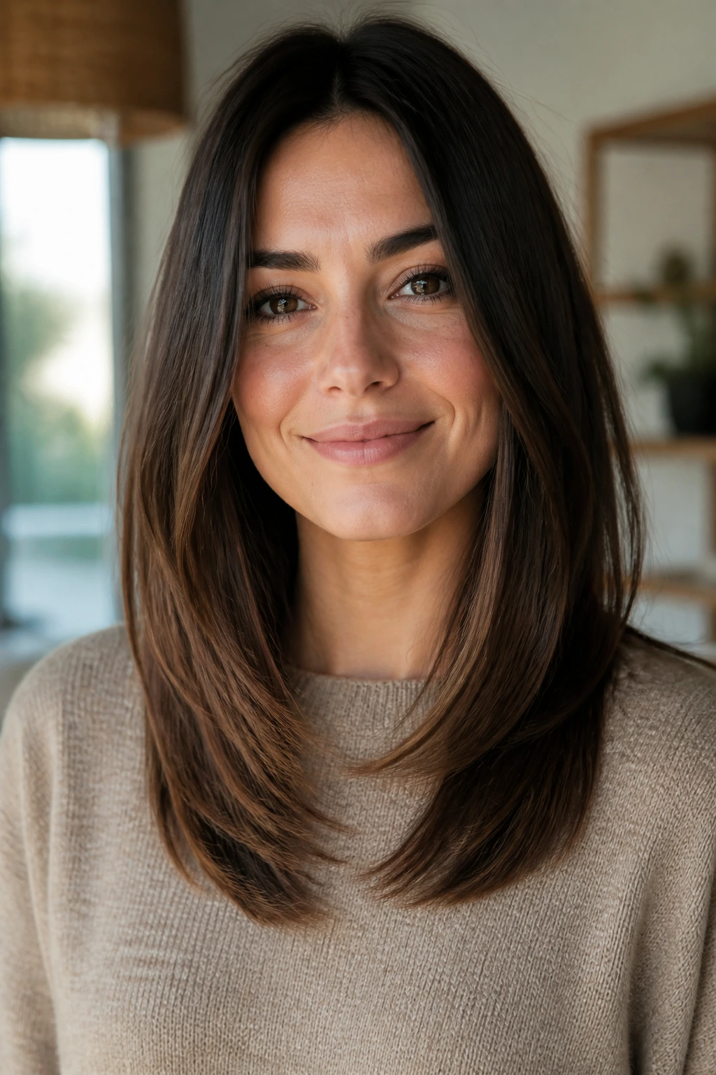 Close-up of a real woman with a soft U-shaped cut on straight hair