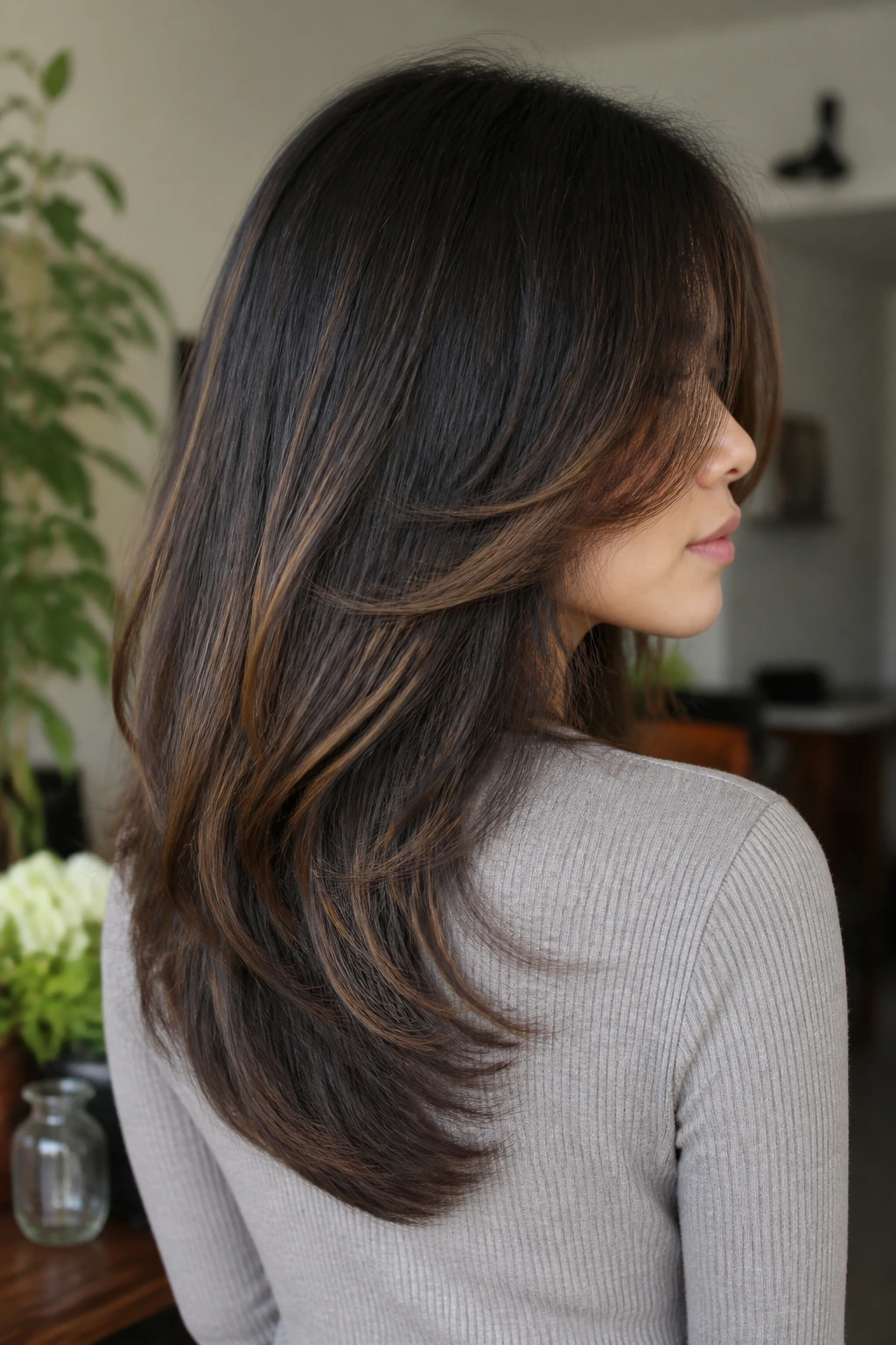 Close-up portrait of a woman with soft U-shaped layered haircut showing curved silhouette.