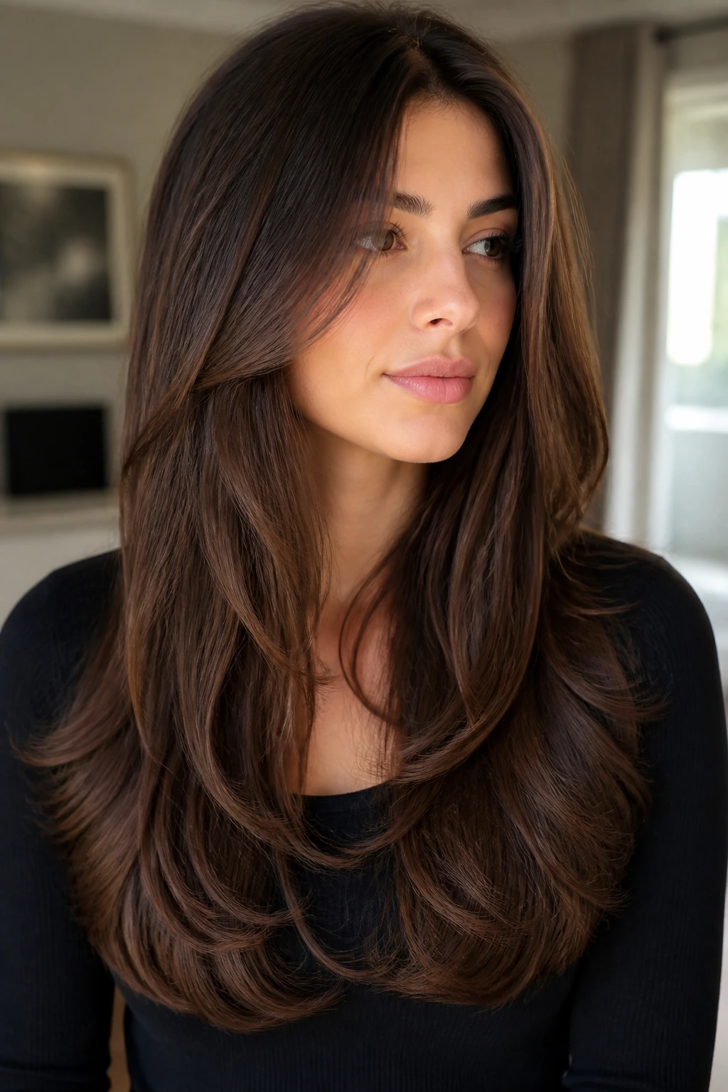 Close-up of a woman with soft U-shape layers in long hair.