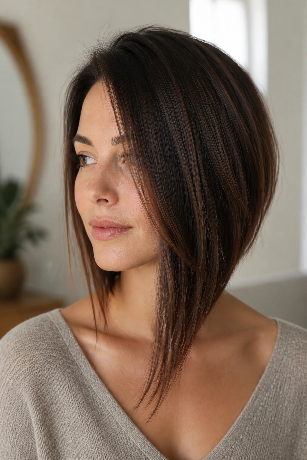 Close-up of a real woman with a soft U-shape asymmetrical lob