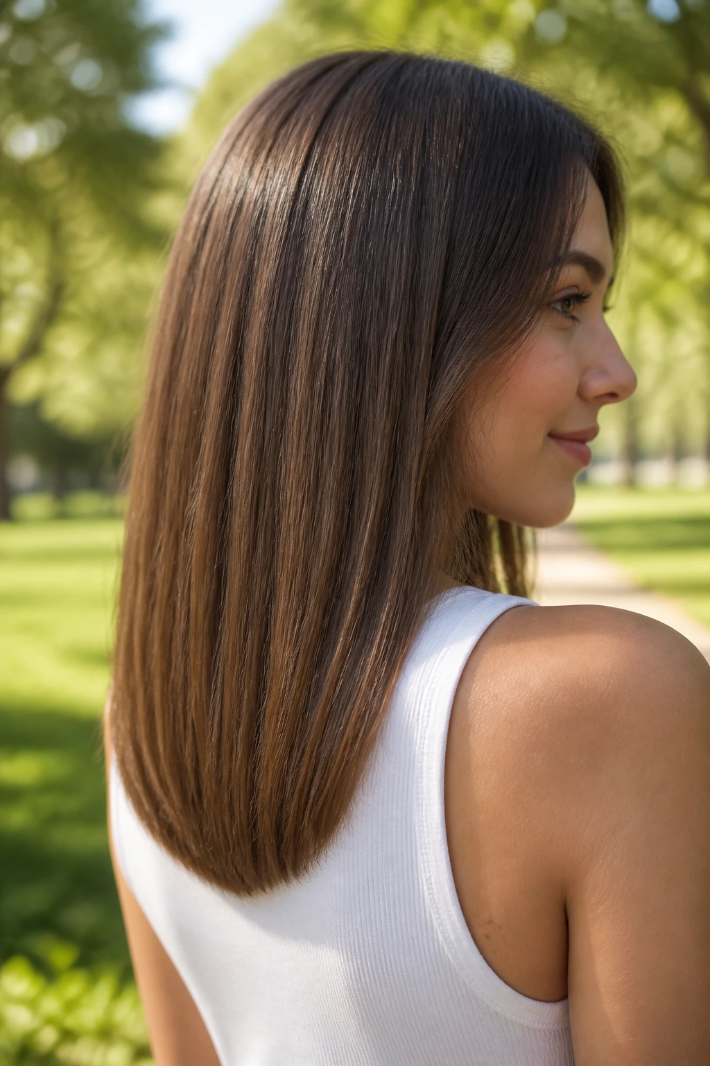 Portrait of a real person with a Soft U-Shaped Midi hairstyle showing the curved ends