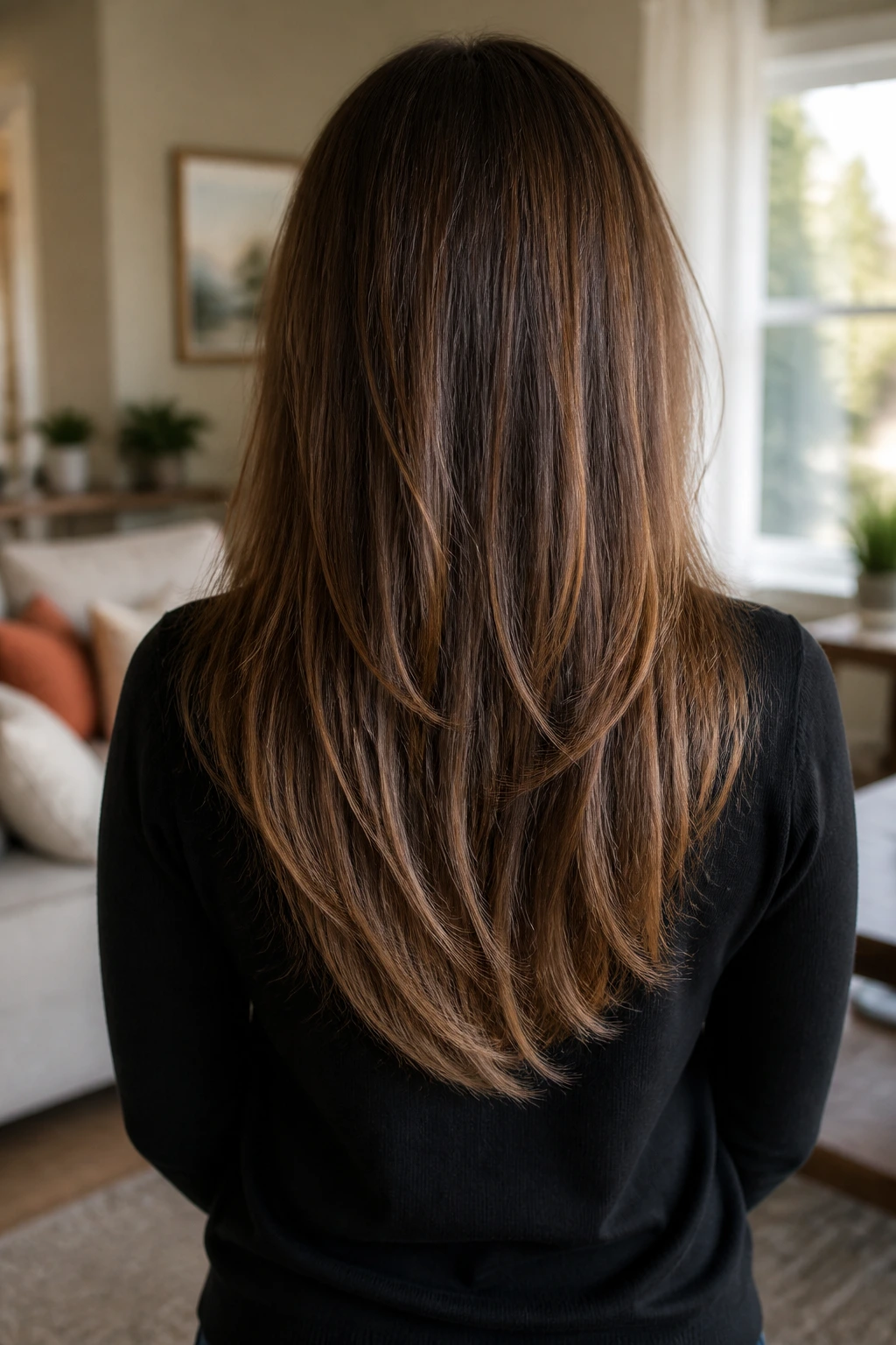 Back view of real person with a soft U-shaped long haircut and wispy ends