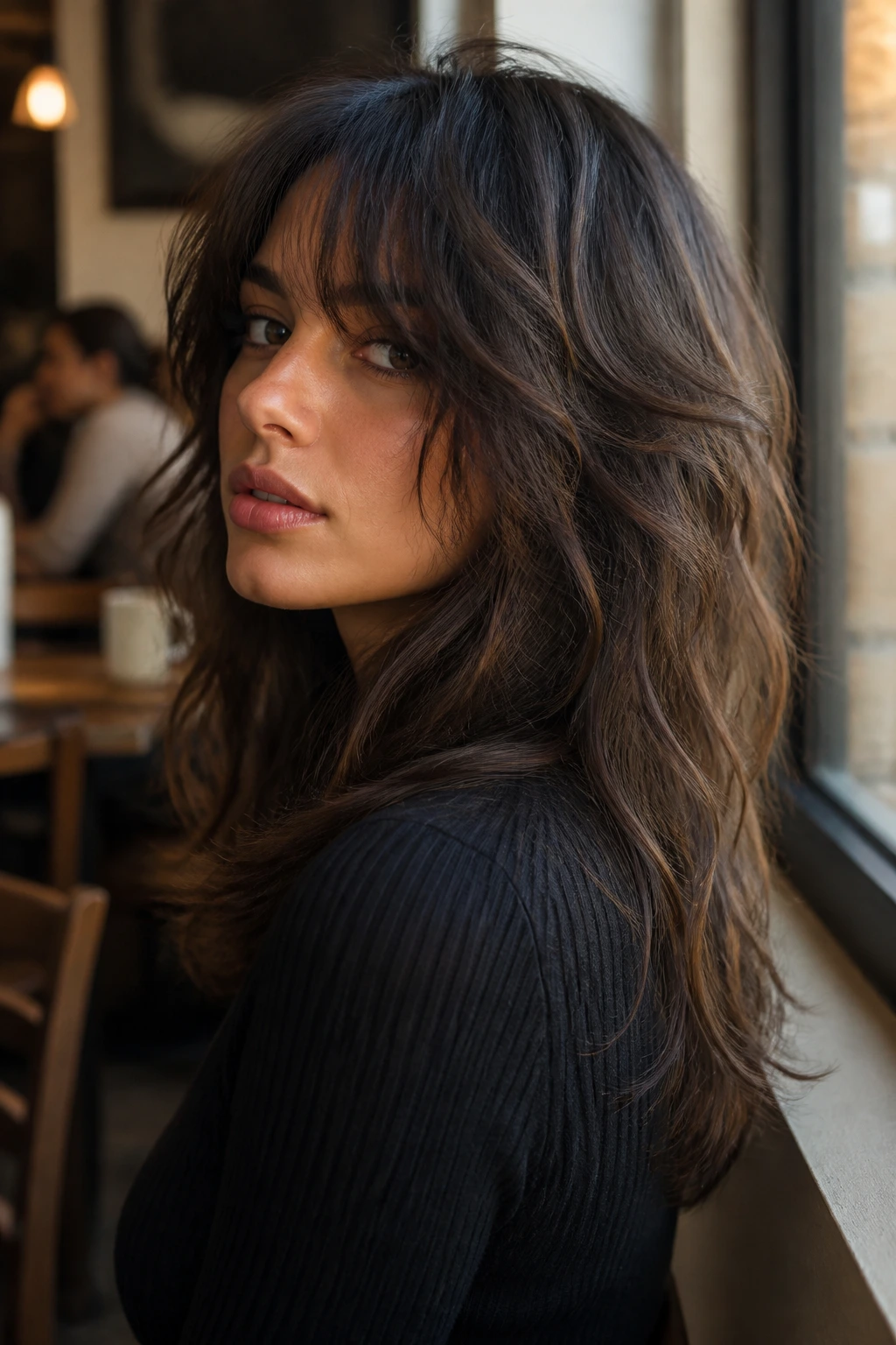 Real person with soft U-shape wolf cut in a cafe setting