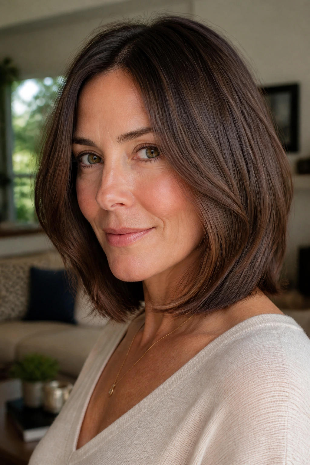 Close-up portrait of a real woman with a soft U-shaped bob in warm indoor light