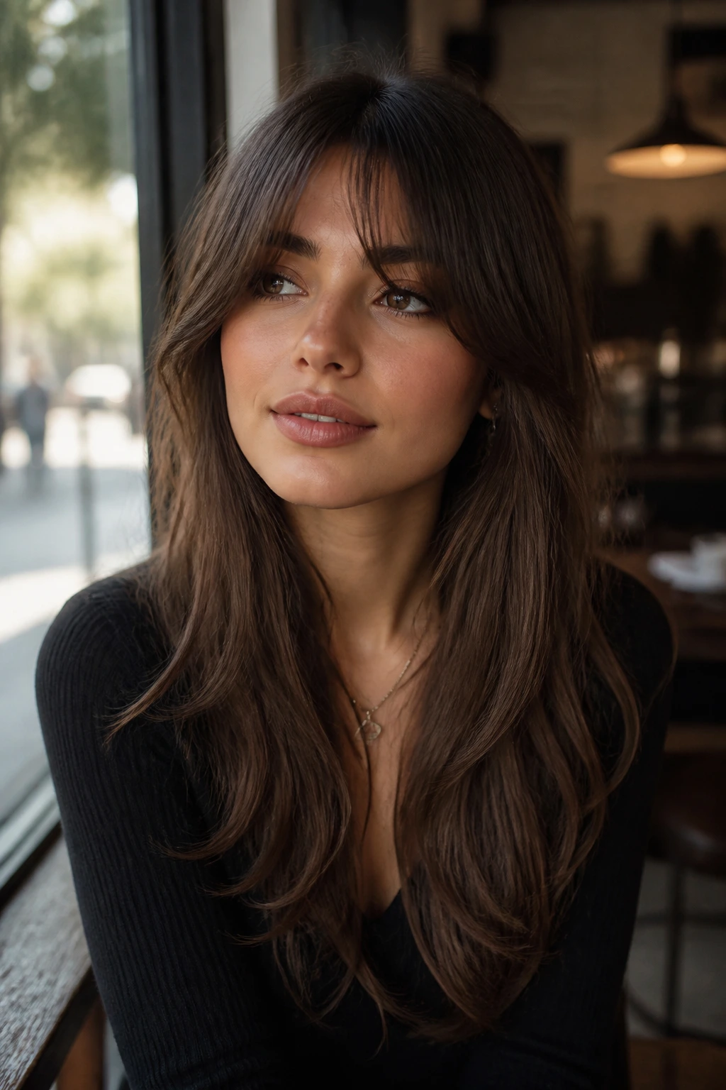 Close-up portrait of a real woman with a soft U-shaped fringe framing the eyes.