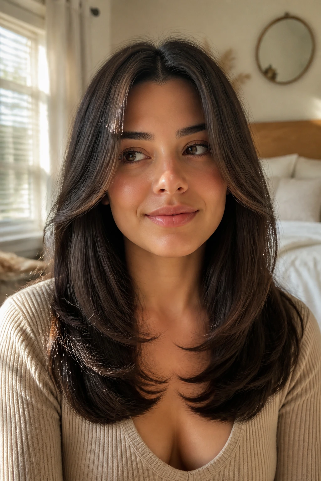 Close-up portrait of a real woman with soft U-shaped layered hair