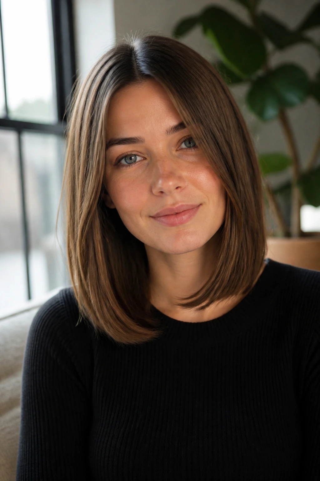 Close-up portrait of a real woman with a soft U-shaped lob and gentle curve around shoulders.