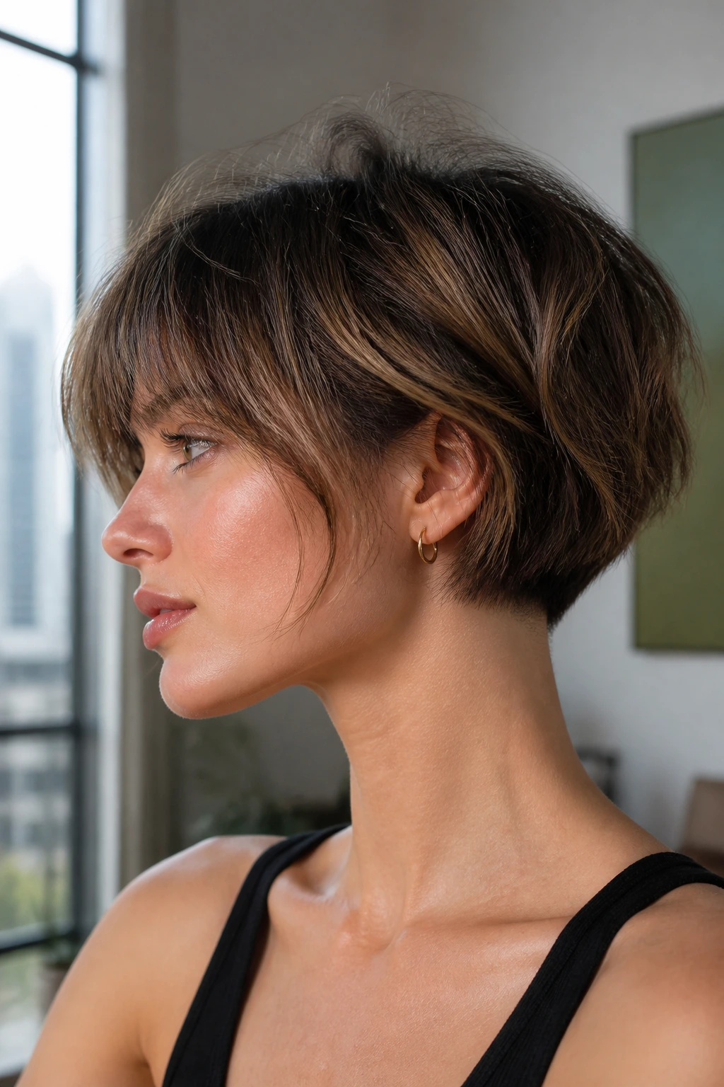 Close-up portrait of a real woman with Soft Undercut Bob and textured bangs in natural light