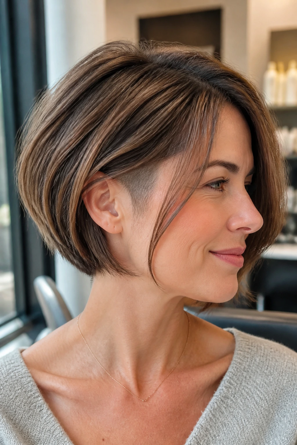 Portrait of a real woman with a soft undercut bob showing top hair and subtle nape undercut.
