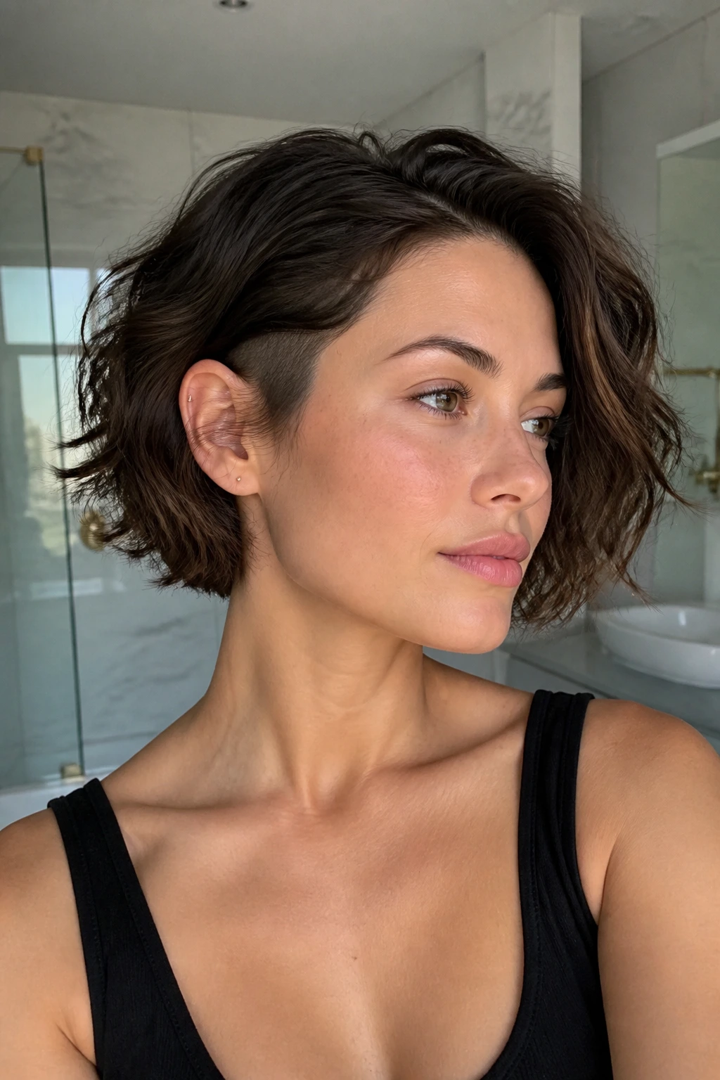 Close-up of a woman with a soft undercut bob in a bright bathroom