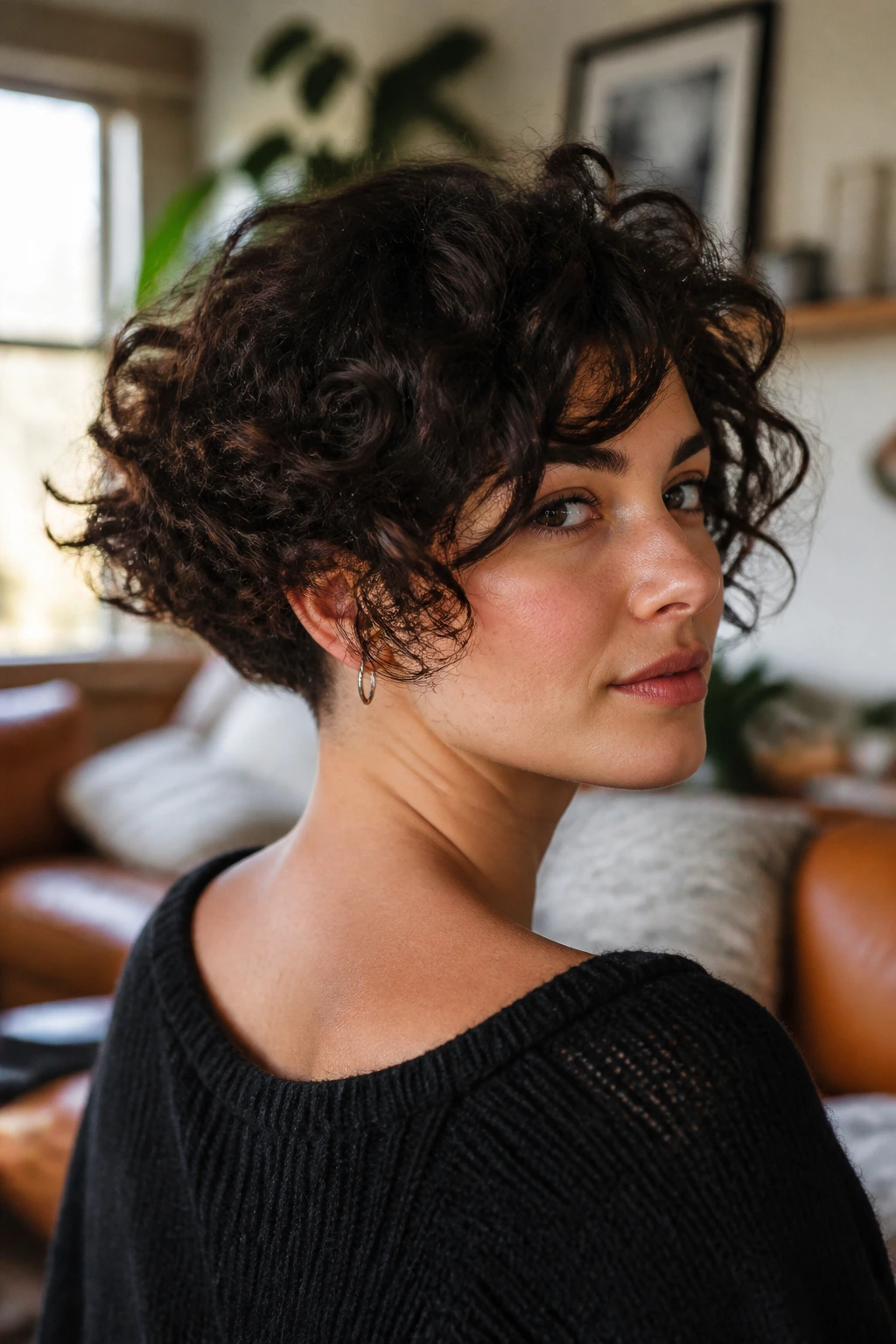 Close-up of a real woman with a soft undercut bob at the nape in a cozy living room