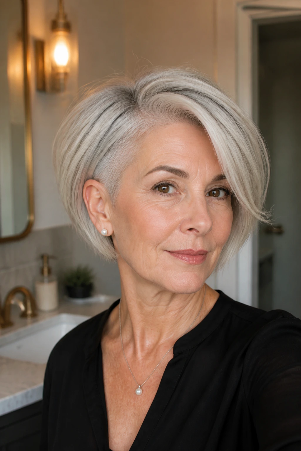 Portrait of a woman with a soft undercut bob hairstyle