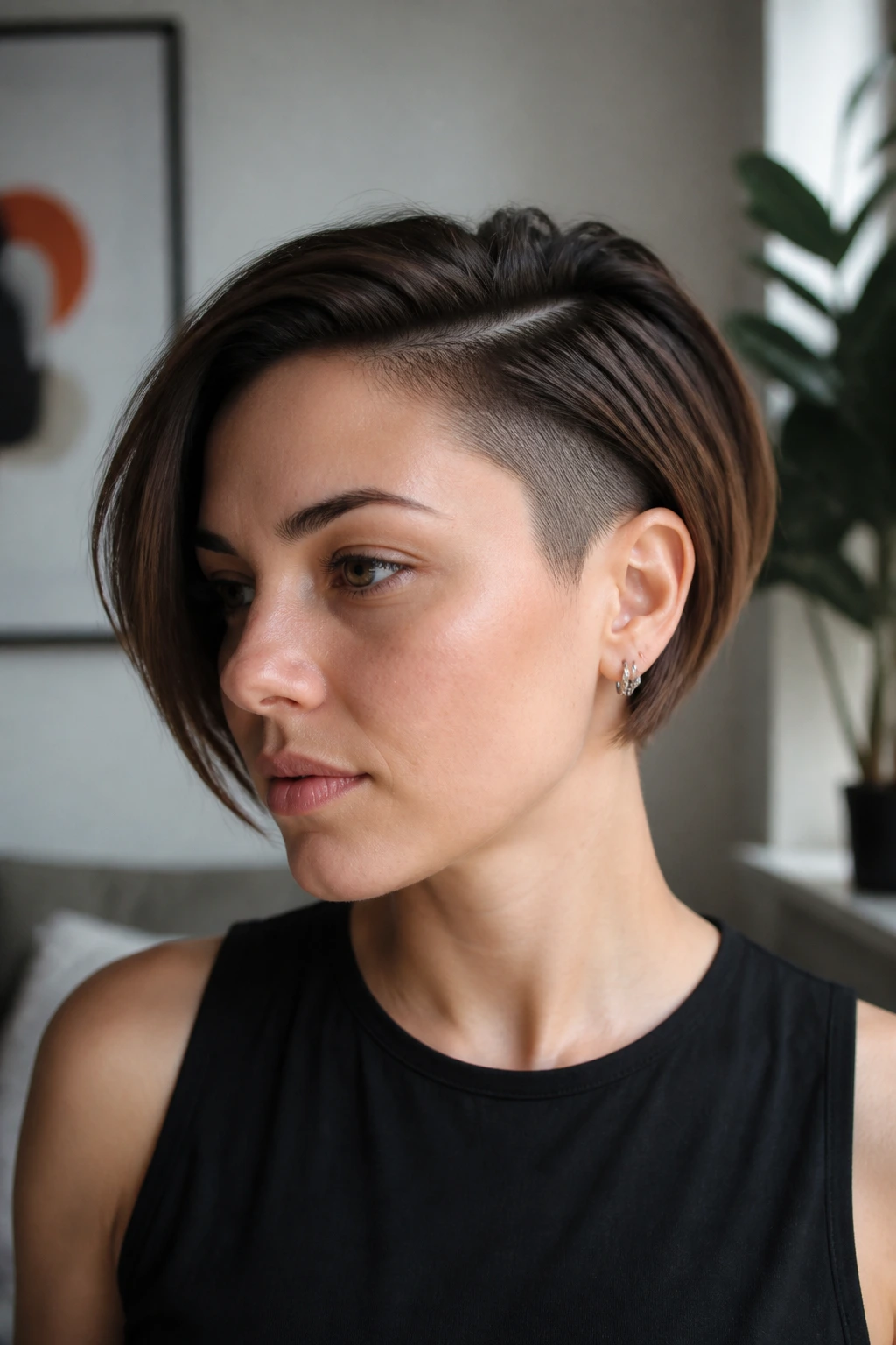 Close-up portrait of a real person with soft undercut bob