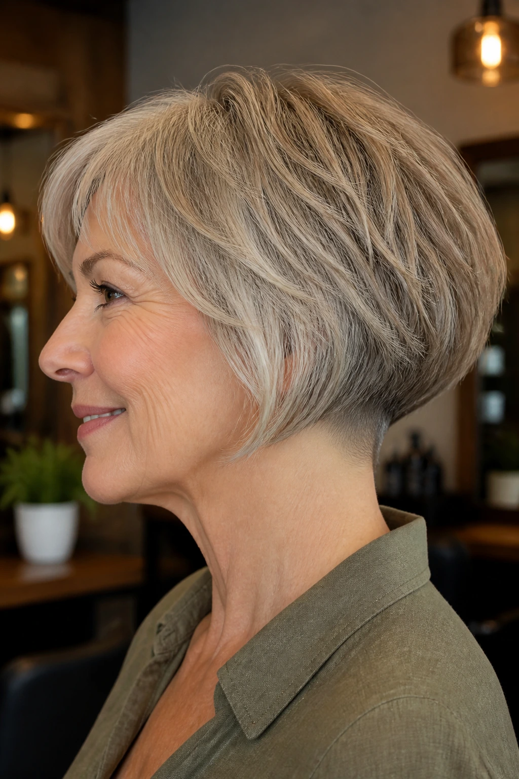 Profile portrait of an older woman with a soft undercut bob