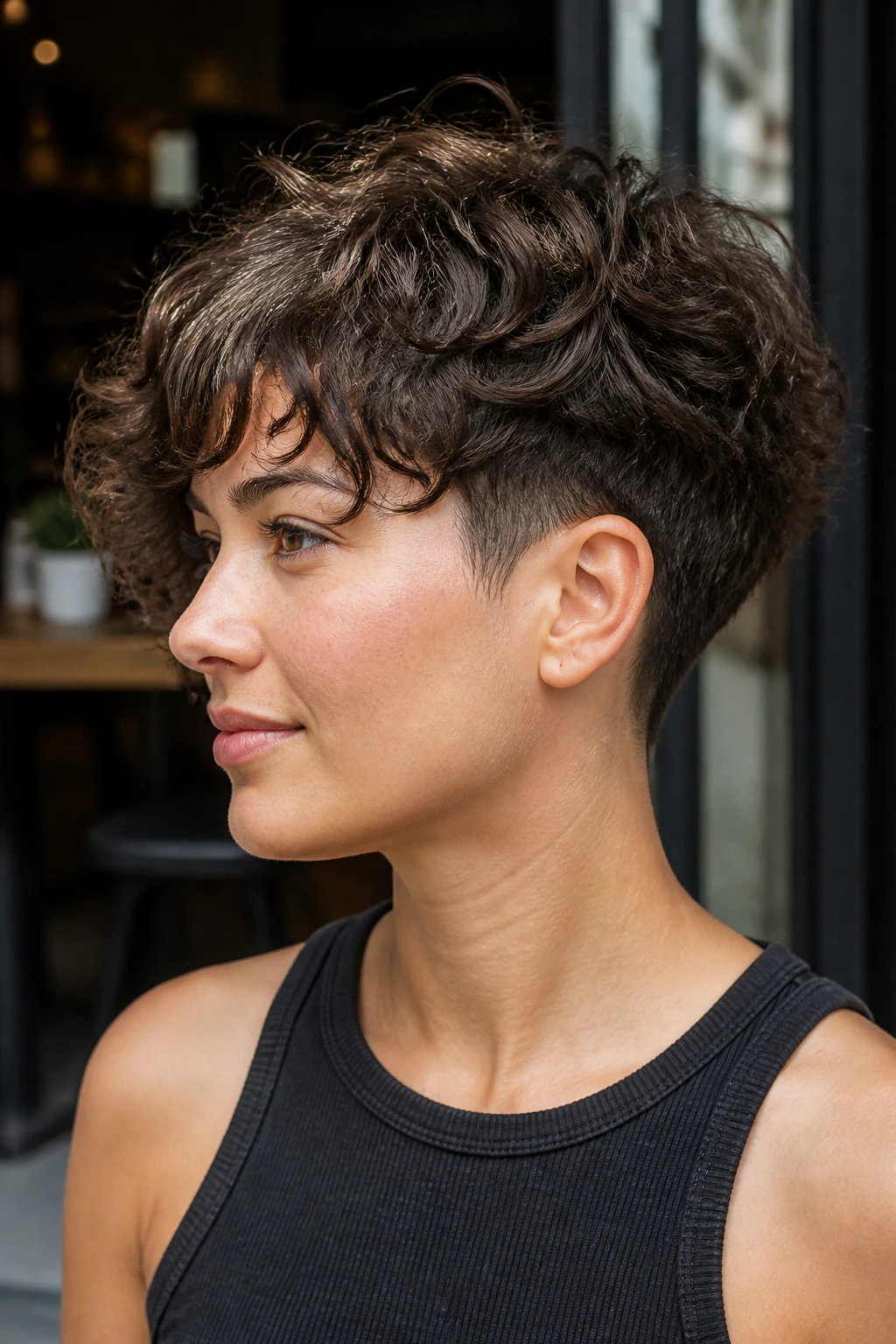 Three-quarter view of a real person showing soft undercut and choppy top layers