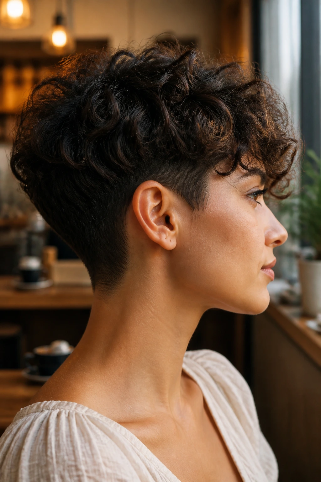 Portrait of a real person with a soft undercut crop and textured top