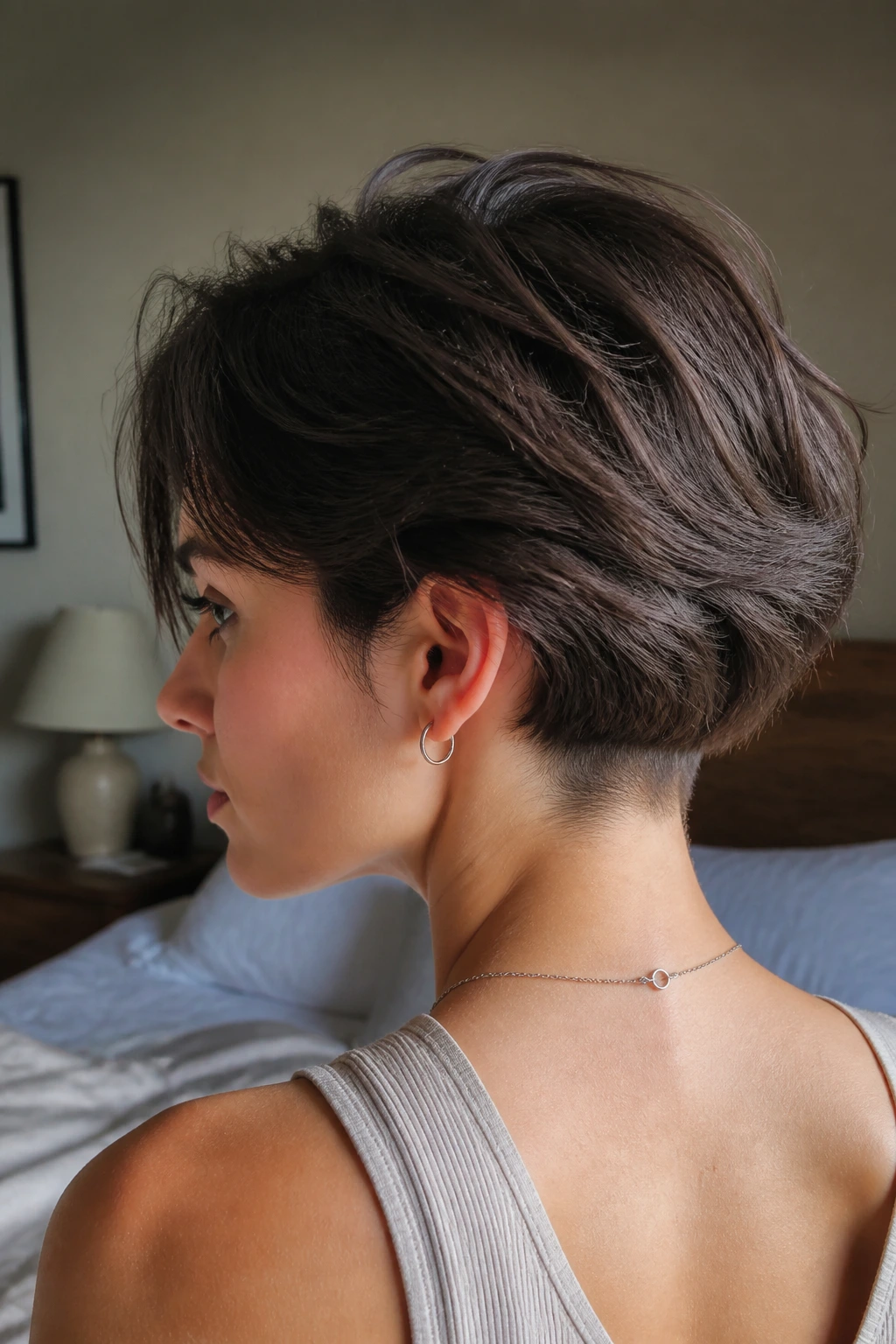Close-up portrait of a real person with Soft Undercut For Dense Hair showing hidden undercut