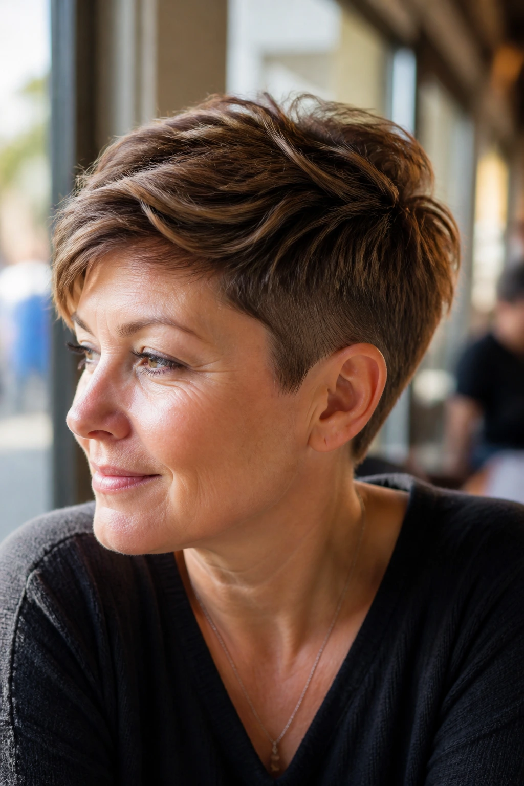 Close-up portrait of a real woman with a soft undercut pixie.
