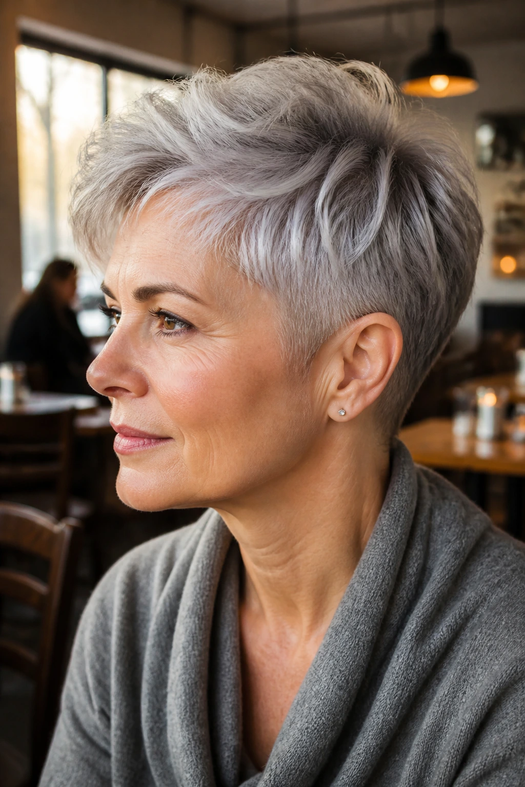 Close-up of a real woman with soft undercut pixie in gray hair.