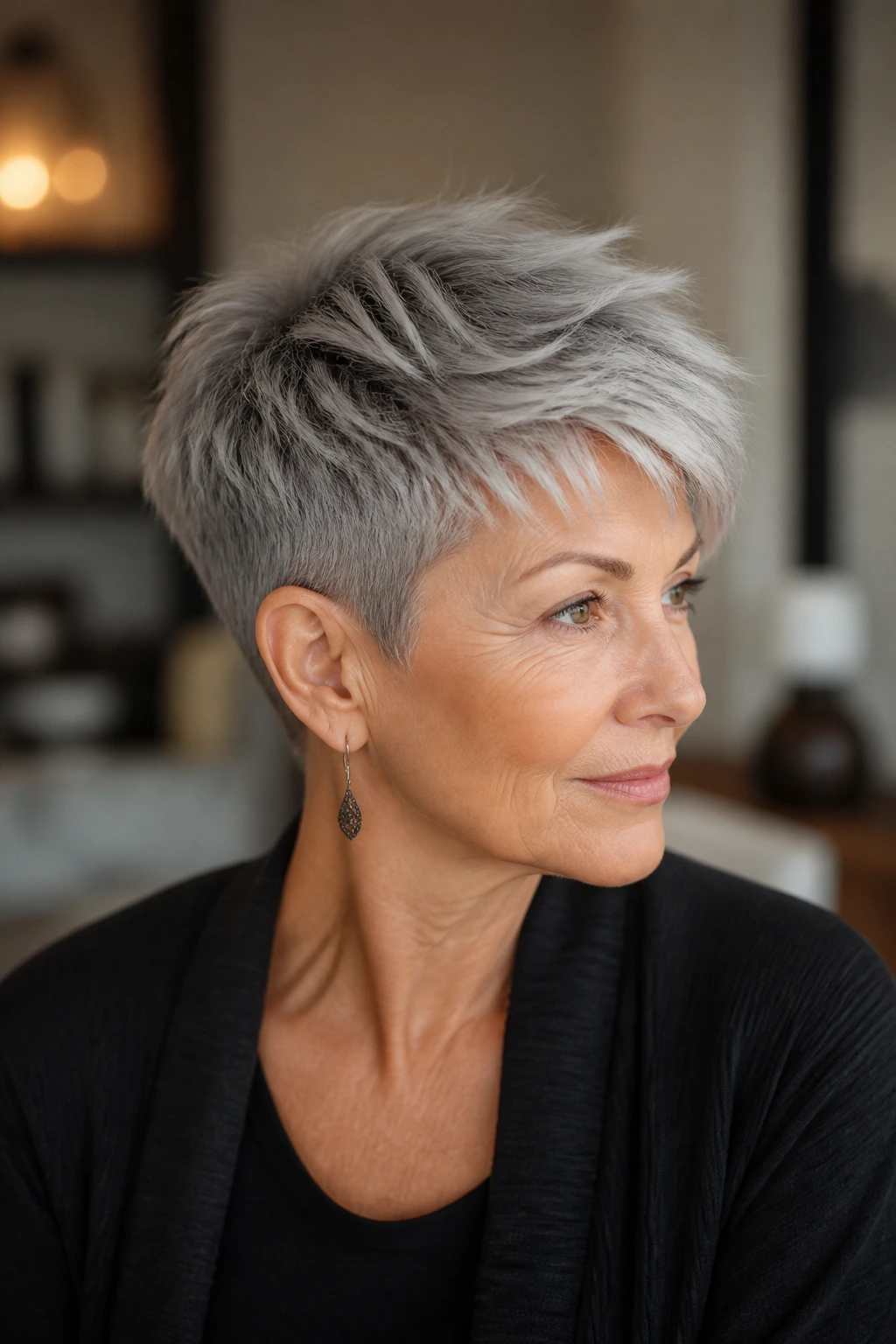 Close-up portrait of a real woman with a soft undercut pixie