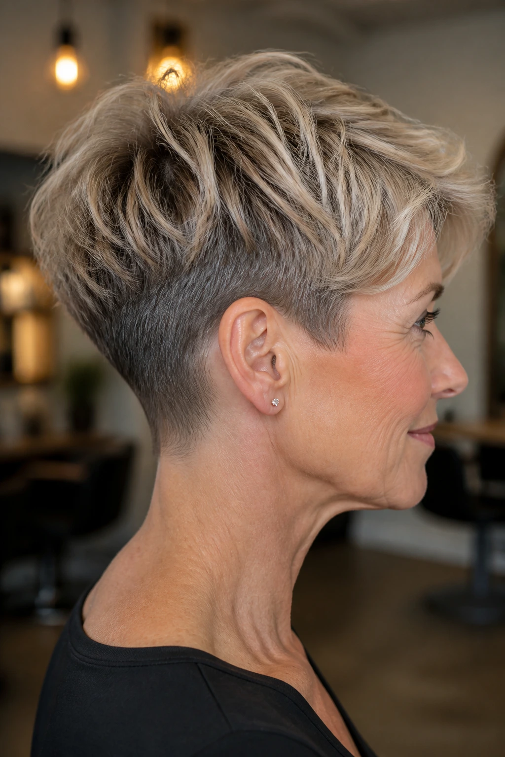 Side-profile of a real person with a soft undercut pixie.