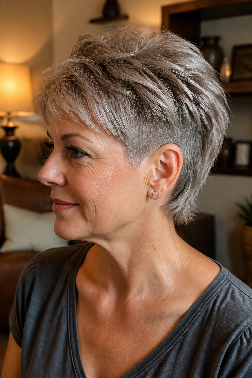 Close-up portrait of a real woman with soft undercut pixie mullet under the top layer visible in warm indoor light
