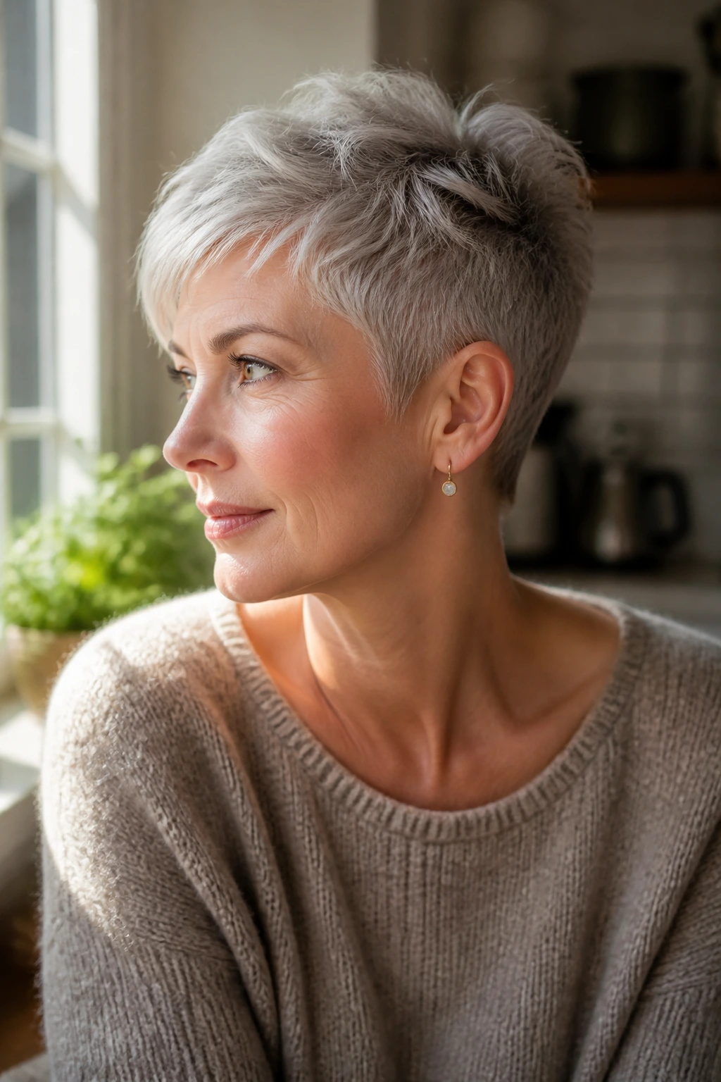 Close-up portrait of an older woman with a soft undercut pixie in warm kitchen light.