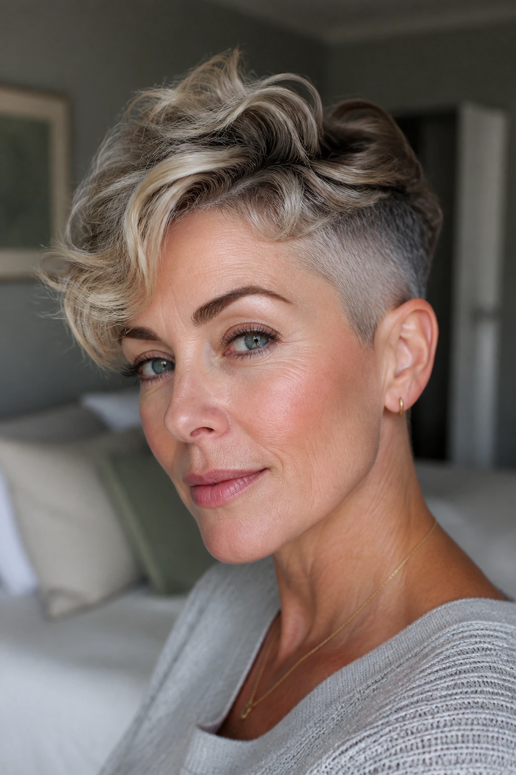 Close-up portrait of a real woman with soft undercut pixie waves