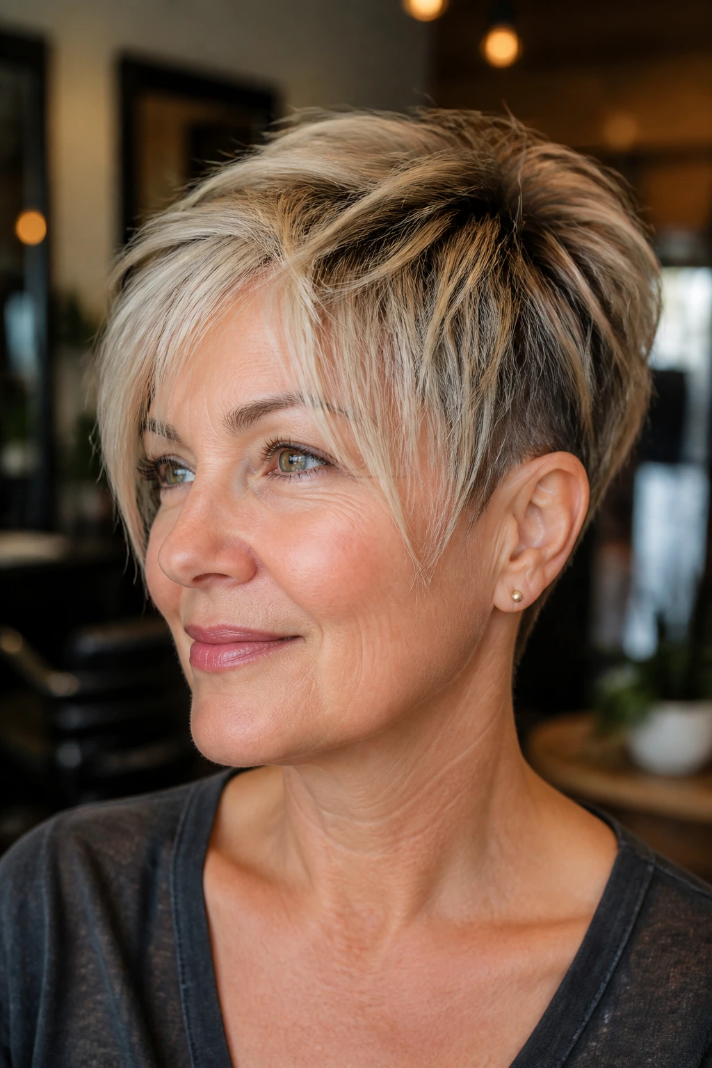 Close-up portrait of woman with Soft Undercut Pixie Wisps hairstyle