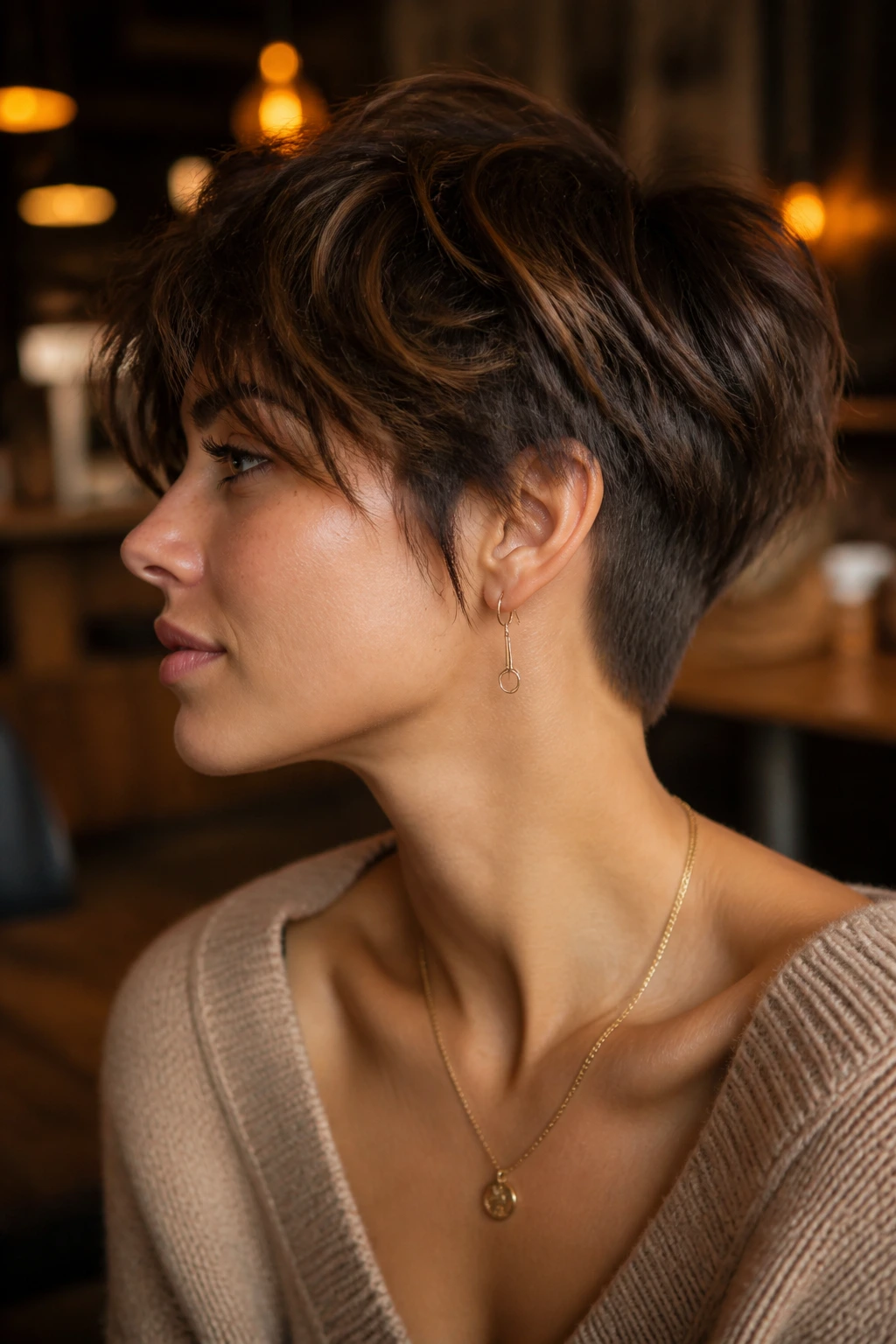 Real person with a soft undercut shag and airy top layers