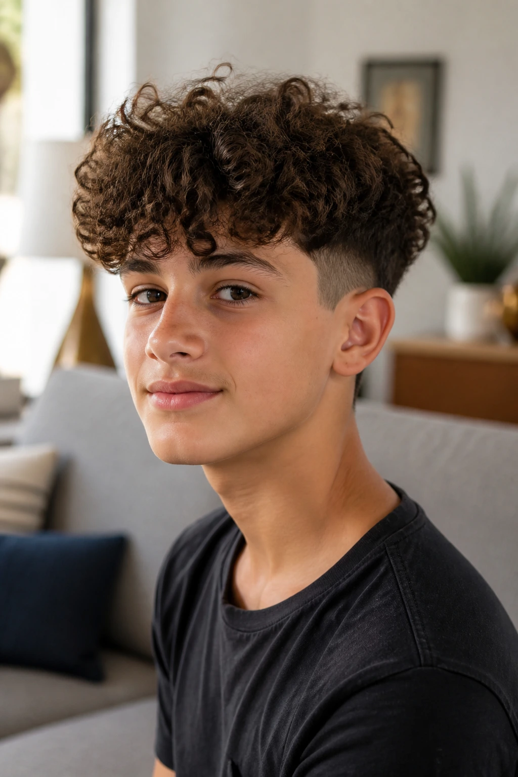 Real boy with thick curls and soft undercut in a cozy living room setting.