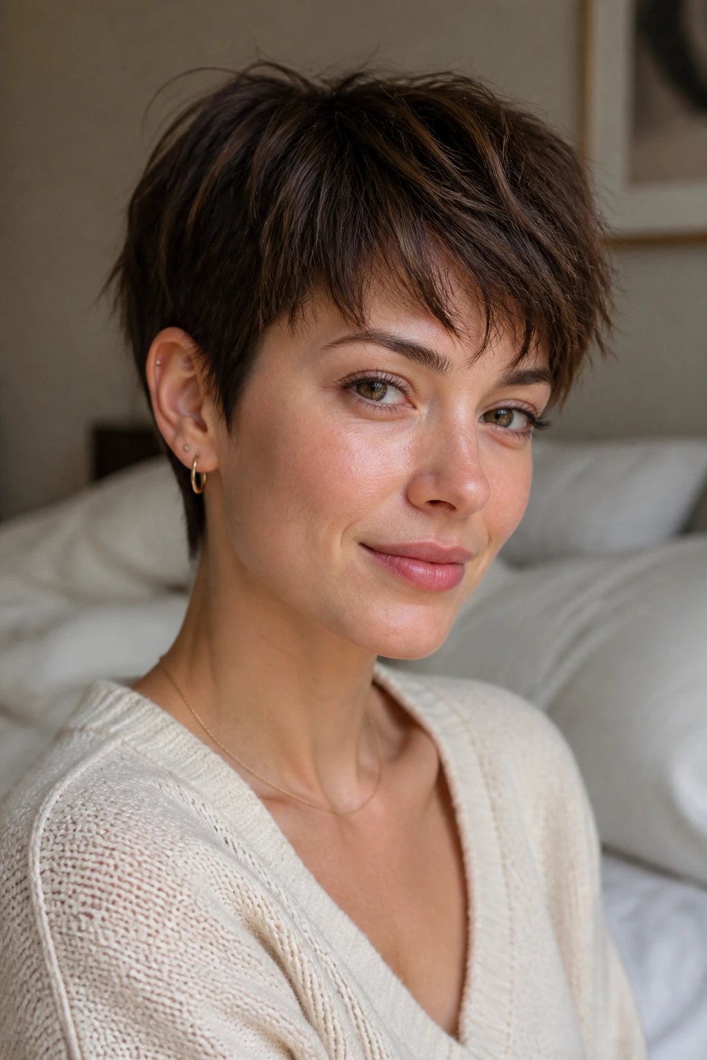 Close-up of a real person with soft undone pixie hairstyle in natural window light