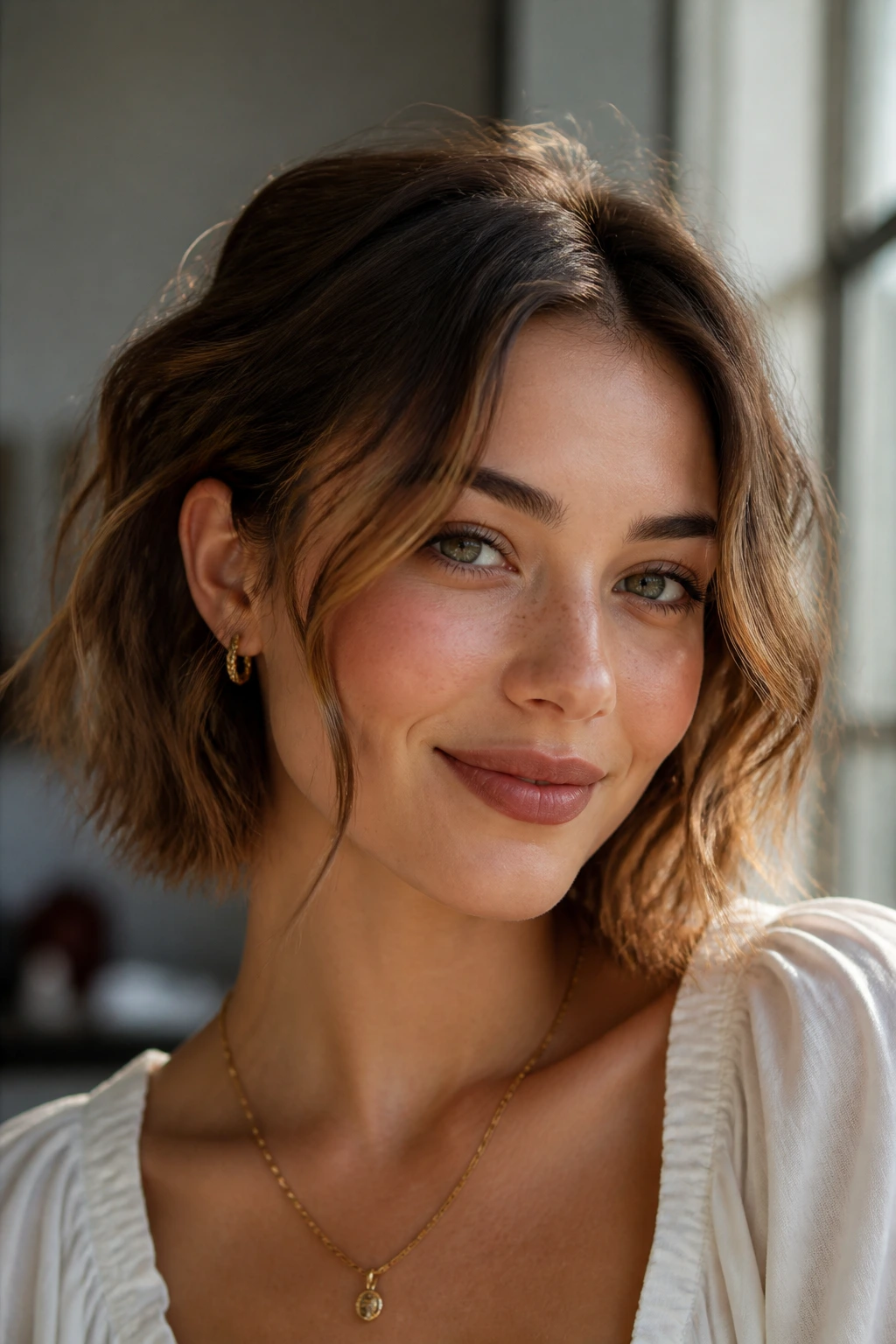 Close-up of a person with soft undone waves and face-framing pieces