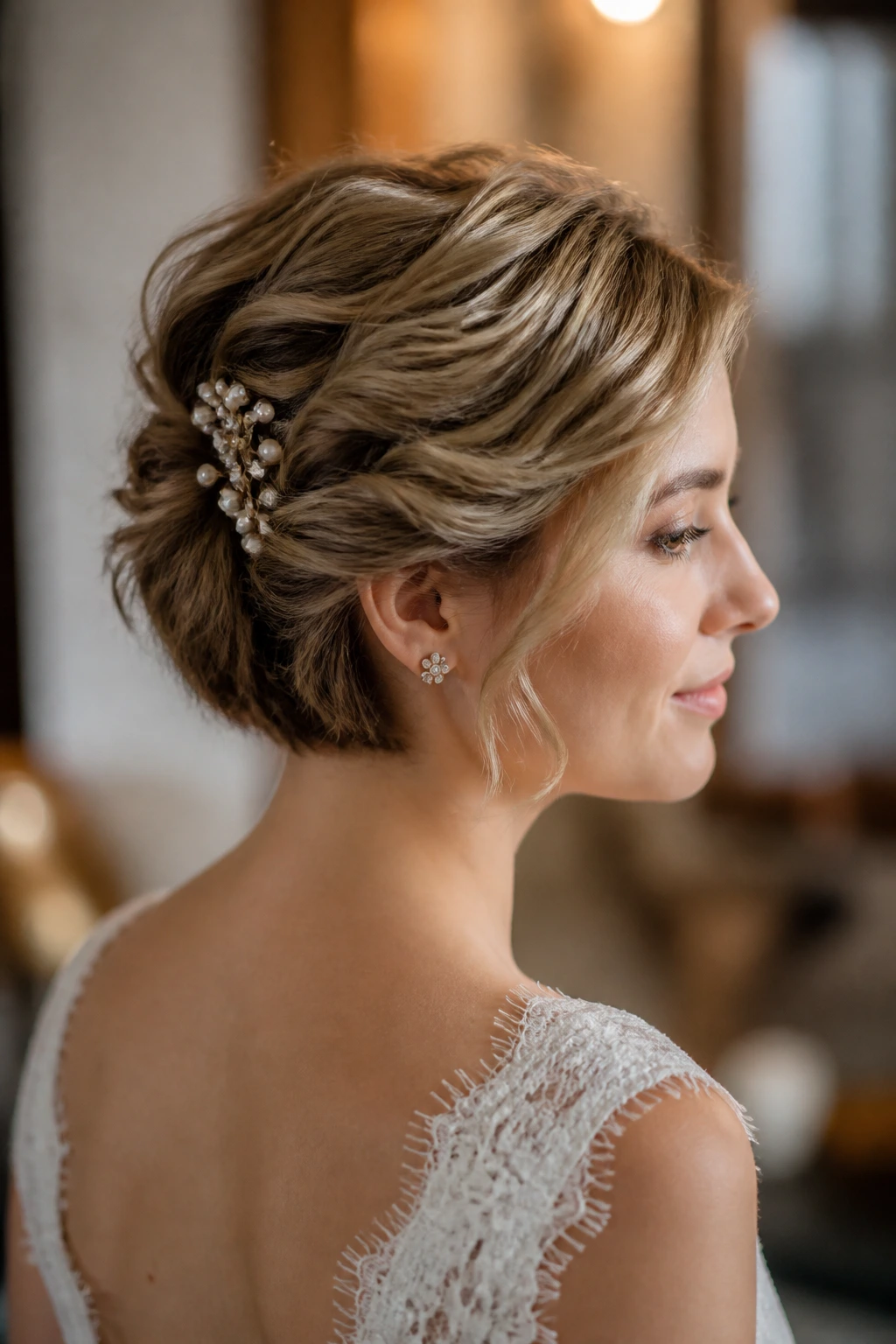 Close-up of a bride with soft updo for short hair