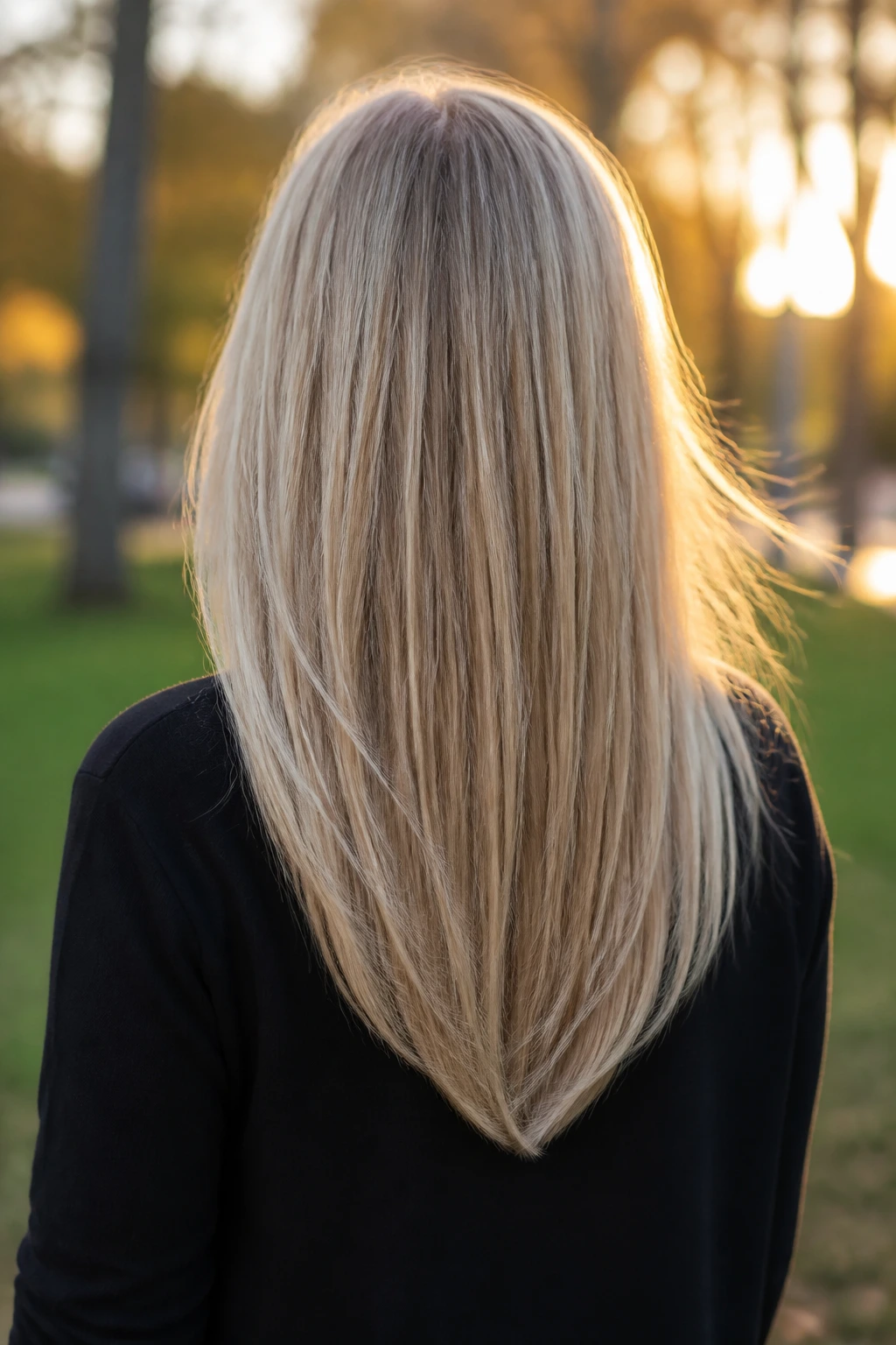 Real woman with soft V-cut long hair seen from behind