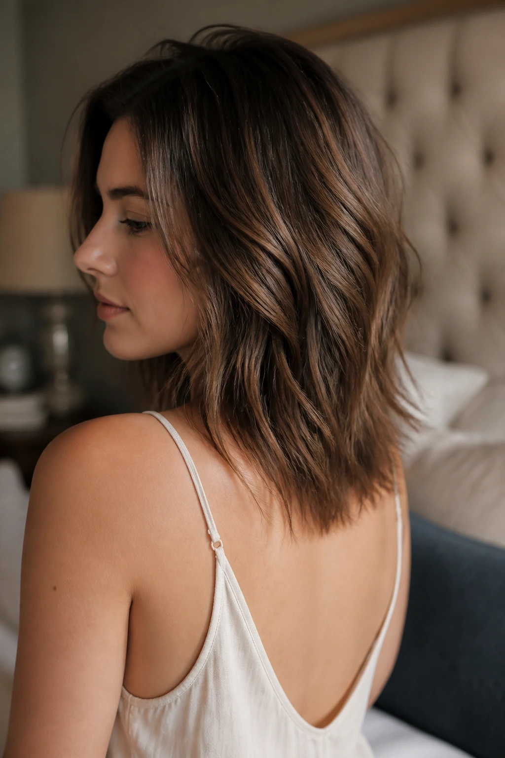 Close-up of a real woman with a soft V-cut shoulder-length hairstyle, back taper visible