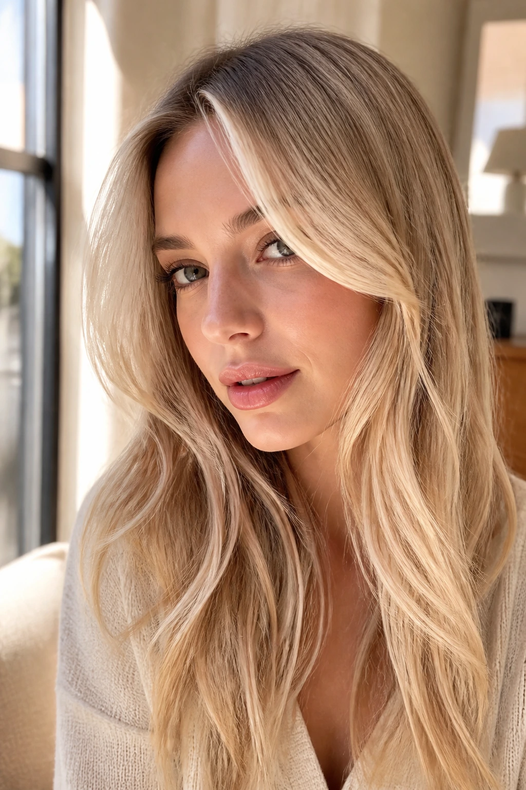 Soft vanilla blonde with face-framing pieces on real woman, close-up portrait