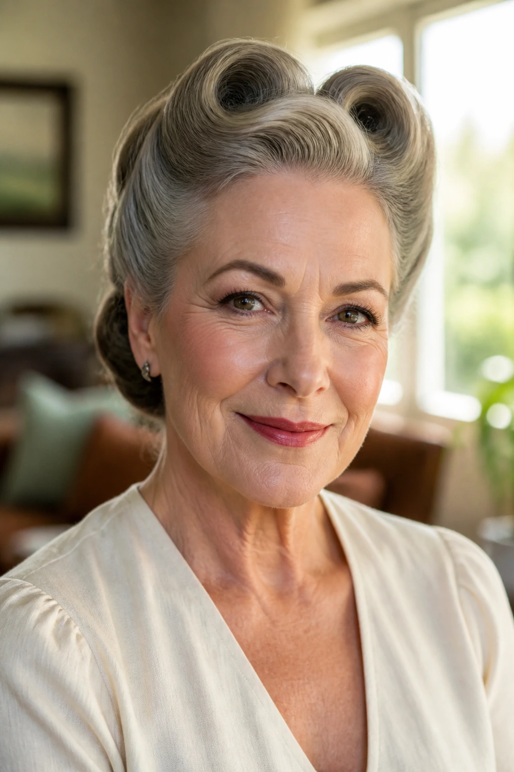 Close-up of an older woman with soft victory rolls in sunlit room