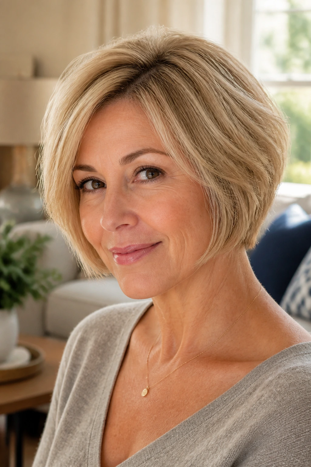 Portrait of a woman with a soft volume bob in a sunlit living room